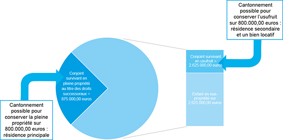 Schéma représentant les biens immobiliers : tous propres du défunt lorsque le conjoint survivant opte pour un quart en pleine proriété et trois quarts en usufruit