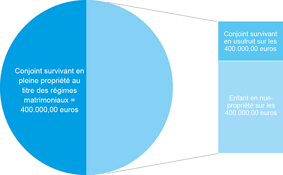 Schéma représentant les biens immobiliers communs du couple lorsque le conjoint survivant opte pour l'usufruit de la totalité des biens