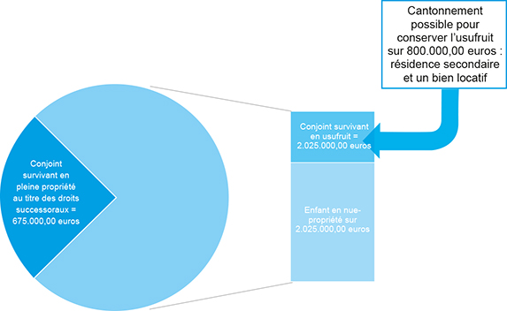 Schéma représentant les biens immobiliers propres du défunt lorsque le conjoint survivant opte pour un quart en pleine propriété et trois quarts en usufruit