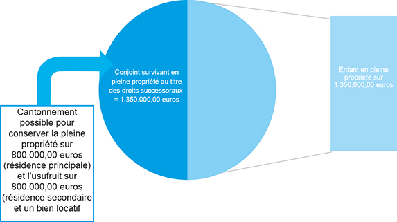 Schéma représentant les biens immobiliers propres du défunt lorsque le conjoint survivant opte pour la quotité disponible ordinaire en pleine propriété, soit la moitié en pleine propriété