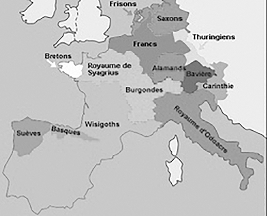 Carte représentant la Gaule 476 après J.-C.