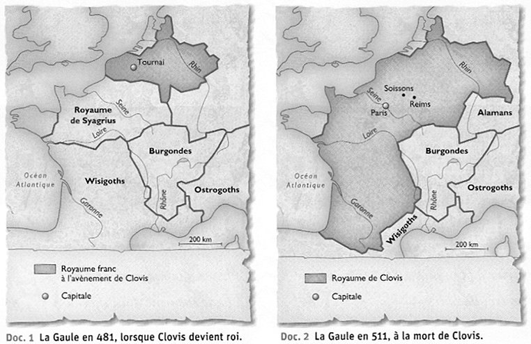 Carte représentant la Gaule avant et après Clovis