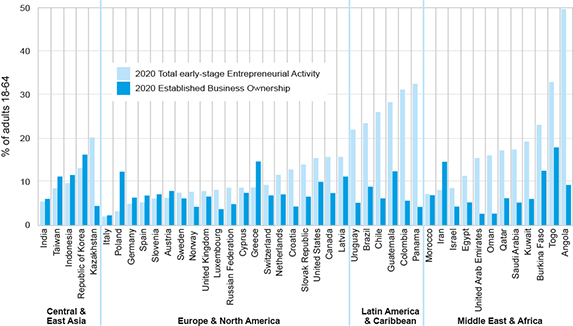 Graphique représentant le taux de création ou de détention d'entreprises par pays sur la tranche de population entre dix-huit et soixante-quatre ans